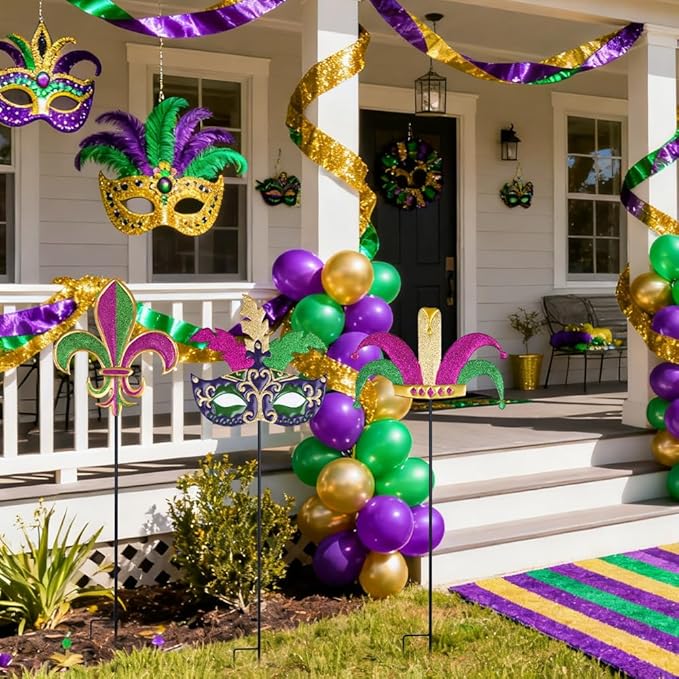 hogardeck Mardi Gras Outdoor Decorations, Set of 3 Metal 36" Decorative Garden Stakes with Mask Fleur-de-lis Jester's Hat for Mardi Gras Decor, Glitter Yard Sign for Outside Lawn Porch Backyard Party