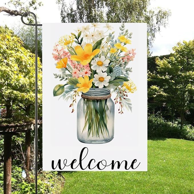 Gkyygk Welcome Flower Mason Garden Flag 12x18 Double Sided Banners Yard Flag Welcome Seasonal Farmhouse Yard Outside Decoration