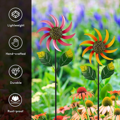 2 Pack Flower Wind Spinners Outdoor, Colorful Wind Sculptures & Spinners with Stake, Metal Windmill for Yard Patio Lawn Garden Decor, 31 x 8 Inches