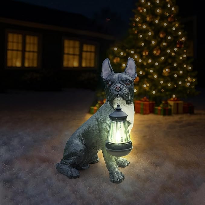 Black French Bulldog Garden Statue with Solar Lantern & Double-Sided Sign, 13.8" Resin Frenchie Dog Figurine Outdoor Decor, Waterproof Lawn Ornament Welcome Yard Art for Patio, Porch, Gifts