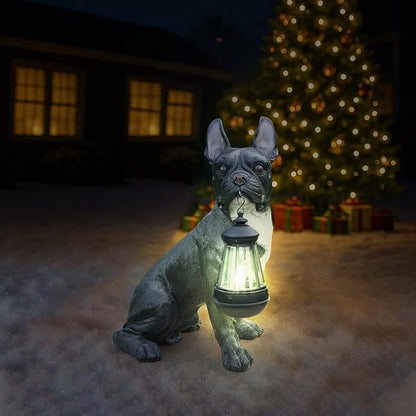 Black French Bulldog Garden Statue with Solar Lantern & Double-Sided Sign, 13.8" Resin Frenchie Dog Figurine Outdoor Decor, Waterproof Lawn Ornament Welcome Yard Art for Patio, Porch, Gifts