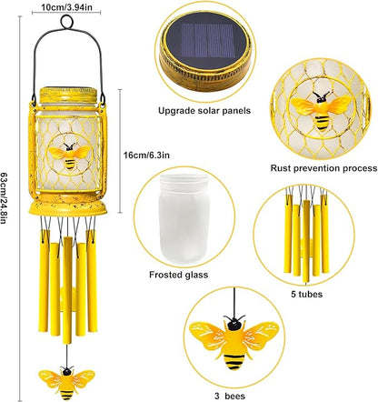 2 Pack Solar Bee Wind Chimes for Outside for Mom Women Grandma,Solar Bee Mason Jar Wind Chime Light Unique Hanging Wind Chimes Outdoor,IP65 Waterproof, for Yard Garden Terrace