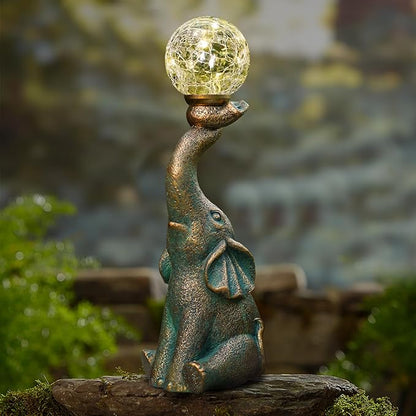 Solar Outdoor Elephant Statue Gifts Garden Decoration Lights with 8 LED Crackle Ball, Lucky Elephant Sculpture for Yard Patio, Birthday Gifts for Mom Outdoor & Home Housewarming Decor