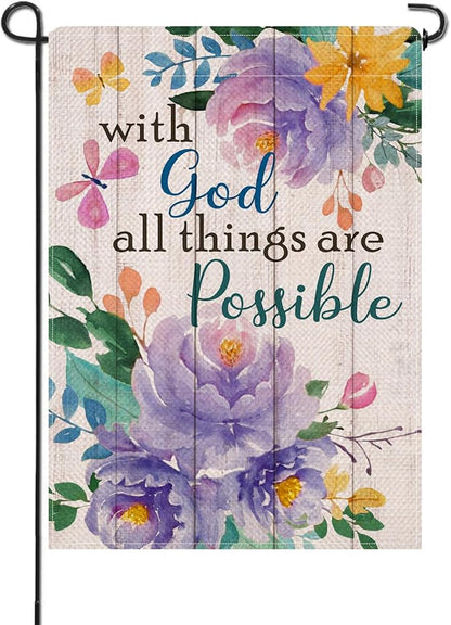 Artofy with God All Things are Possible Christian Small Decorative Garden Flag, Spring Summer Religious Purple Peony Flower Yard Outside Decor, Inspirational Farmhouse Outdoor Home Decoration 12 x 18