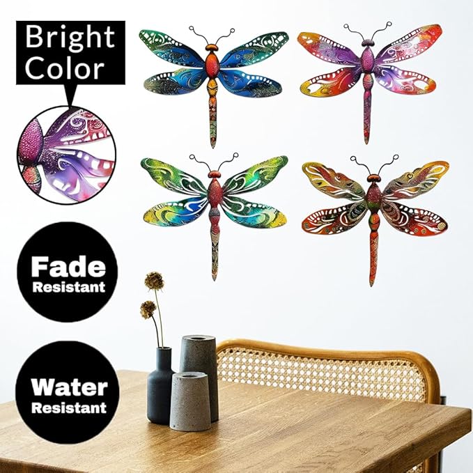 Zmvyw Set of 4 Dragonflies Metal Sign Art Decor,4Pcs Colorful Dragonfly Silhouette Wall Hanging Gifts for Birthday Housewarming,Dragonfly Ornament Decorate for Fence Garden Yard Patio Farmhouse Ranch