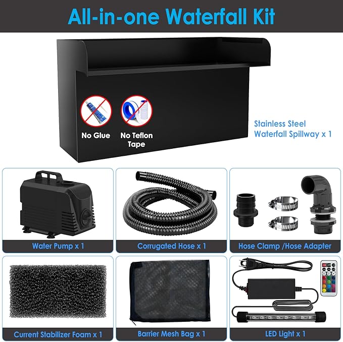 AquaMiracle All-in-1 Pond Waterfall Kit with LED Lights, 8" Stainless Steel Spillway with 660GPH Water Pump, Lighted Waterfall Fountain Outdoor for Water Garden, Backyard, Pool