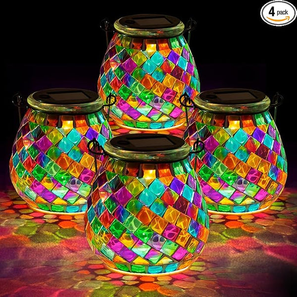 Stargarden 4 Pack Mosaic Solar Lanterns Outdoor Waterproof, Colorful Glass Hanging Lantern Decorative Solar Lights for Yard, Patio, Lawn, Gaden Decor