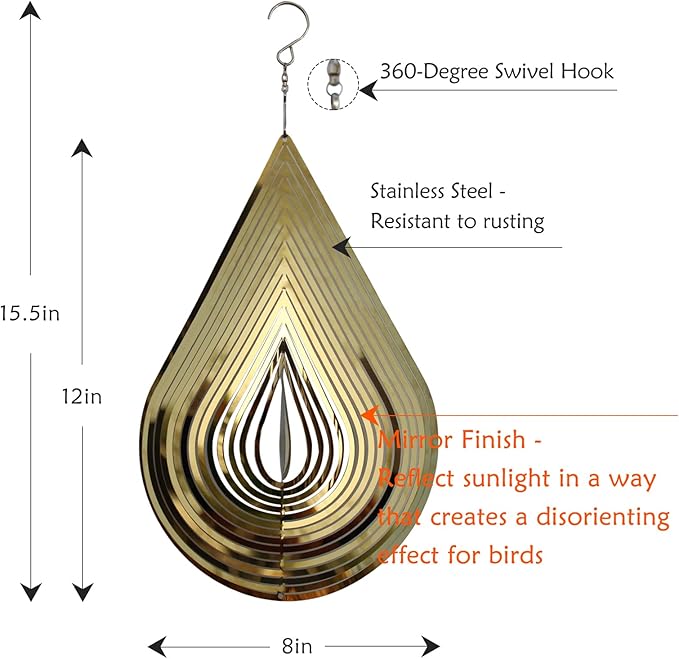 Phuryllic Wind Spinners Outdoor, Garden Decor, Bird Deterrents for Outside, 3D Metal Yard Decorations for Patio & Porch, Unique Gardening Gifts for Women & Moms - 12in Gold Waterdrop