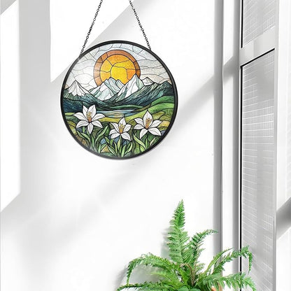 Bimkole Sun Mountain Stained Glass Suncatcher Window Hanging - Flowers Indoor Window or Doorway Decoration - Handmade Sun Catcher Decor for Garden Home Christmas & Birthday Gifts 7.87x7.87 Inch
