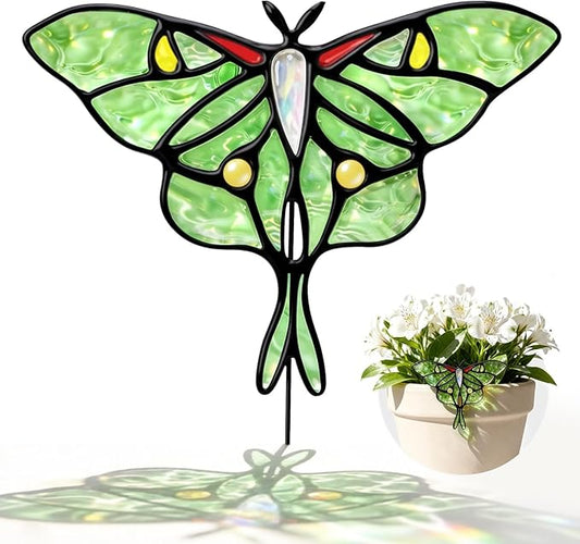 Luna Moth Sun Catcher Stained Glass - IDEA SHOW Handmade Real Glass Suncatcher Ornaments, Elegant Green Butterfly Memorial Gifts Design for Indoor and Outdoor Plant Decoration, Plant Lovers Gifts