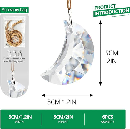 Set of 6 Crystal Glass Hanging Ornaments Clear Faceted Crystal Moon Prisms Ornaments for Window Home Car Wedding Party Decor