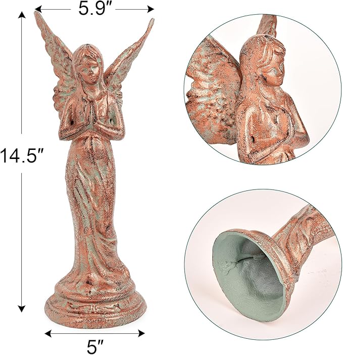 Sungmor Vintage Cast Iron Angel Statue - Rustic Decorative Figurine for Garden, Shelf or Mantel - 14.5" Tall Heavy Duty Patina Finish, Indoor/Outdoot Angel Sculpture