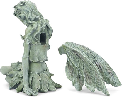 Napco Reclining Fairy with Bird 12 x 18.5 Inch Green Resin Cast Garden Statue