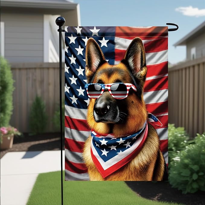 Patriotic 4th of July Garden Flag German Shepherd Dog American Flag Glasses 12x18 Inch Double Sided Seasonal Summer Yard Flag Outdoor Decoration for Porch Lawn Patio Independence Day