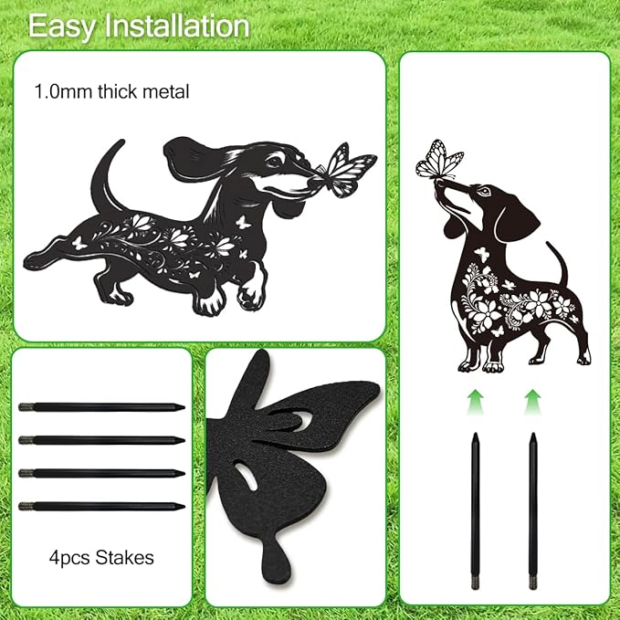 Dachshund Garden Stake Outdoor Yard Decor – Set of 2 Metal Sausage Dog Lawn Ornament, Cute Dog Lover Gift for Women Men, Weather-Resistant Dachshund Silhouette Statues Yard Art for Patio