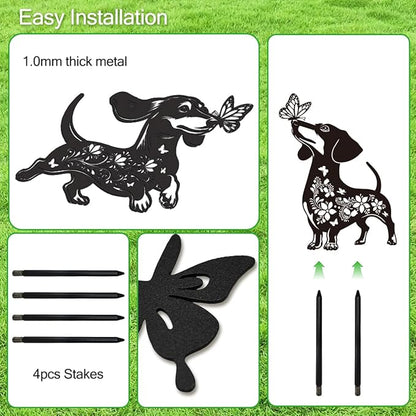 Dachshund Garden Stake Outdoor Yard Decor – Set of 2 Metal Sausage Dog Lawn Ornament, Cute Dog Lover Gift for Women Men, Weather-Resistant Dachshund Silhouette Statues Yard Art for Patio