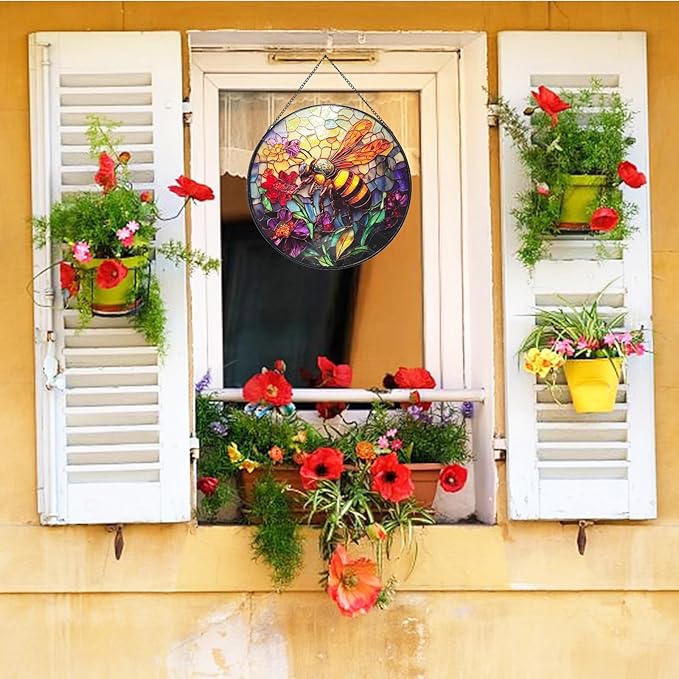 Stained Glass Window Hanging, Summer Beach Window Hanging Light Catcher, Outdoor Light Catcher Garden Decor, Tropical Kitchen Wall Decor Decorative Patios (Red Flowers Bees)