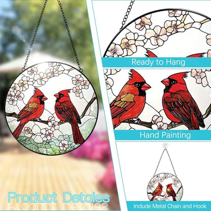Cardinal Suncatcher Stained Glass Window Hanging - 8” Handmade Red Bird Suncatchers for Windows Hanging - Sun Catchers Indoor Wall Decor Art Glass Panels - Mothers Day Birthday Gifts for Mom Grandma