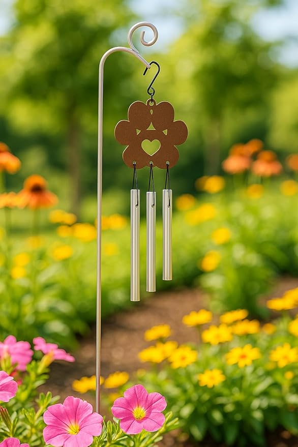 The Bridge Collection Paw Print Wind Chime with Garden Stand - Pet Memorial Wind Bell with Heart Cutout Design - Decorative Animal Remembrance Garden Accent