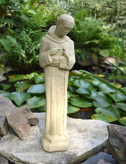 American Made Vintage Mission-Style St Francis with Dove Concrete Garden Statue, 24"