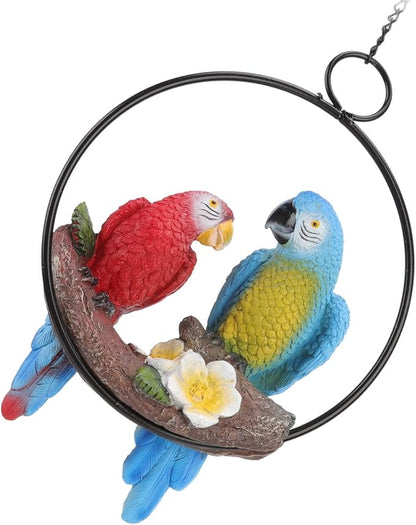Handcrafted Hanging Parrot Sculpture - Durable Resin Swing Birds with Iron Ring for Garden & Home Décor, Weather-Resistant Red/Blue Parrot Statue for Tree, Patio, Balcony (Indoor/Outdoor Use)