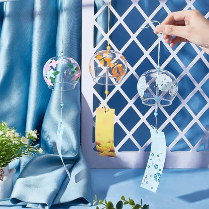 BENECREAT 3pcs Japanese Wind Chimes Flower Wind Bells Gold Blue Colorful Handmade Glass Pendants for Wedding Festival Gift, Garden Window Outdoor or Indoor Home Decors