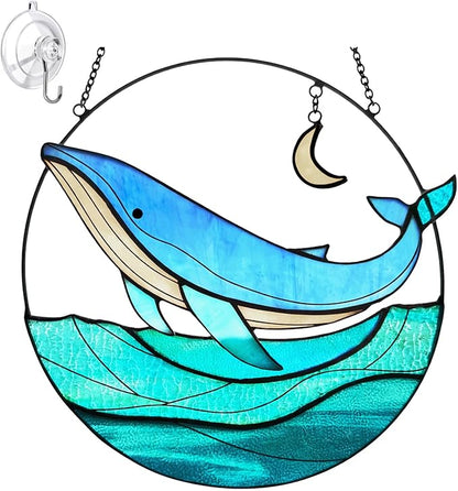 7" Whale Stained Glass Suncatcher, Handmade Coastal Window Hanging Decor, Colorful Sun Catcher for Kitchen, Sunroom, Beach House, Ideal Gift Idea for Ocean Lovers