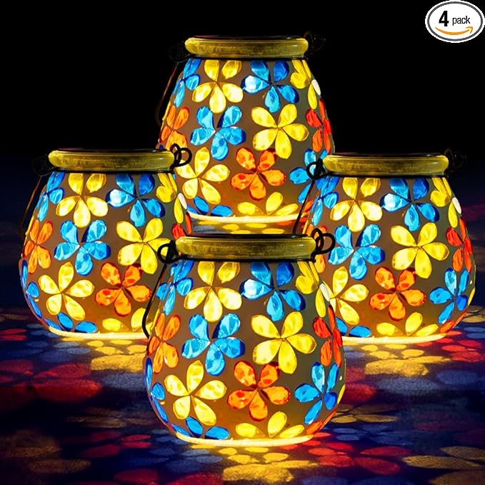Stargarden 4Pack Mosaic Solar Lanterns, Glass Hanging Lantern Waterproof Outdoor Haning Lights Flower Decorative Table Lamp for Garden ,Patio,Yard Decor