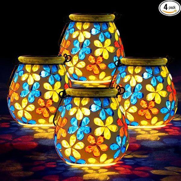 Stargarden 4Pack Mosaic Solar Lanterns, Glass Hanging Lantern Waterproof Outdoor Haning Lights Flower Decorative Table Lamp for Garden ,Patio,Yard Decor