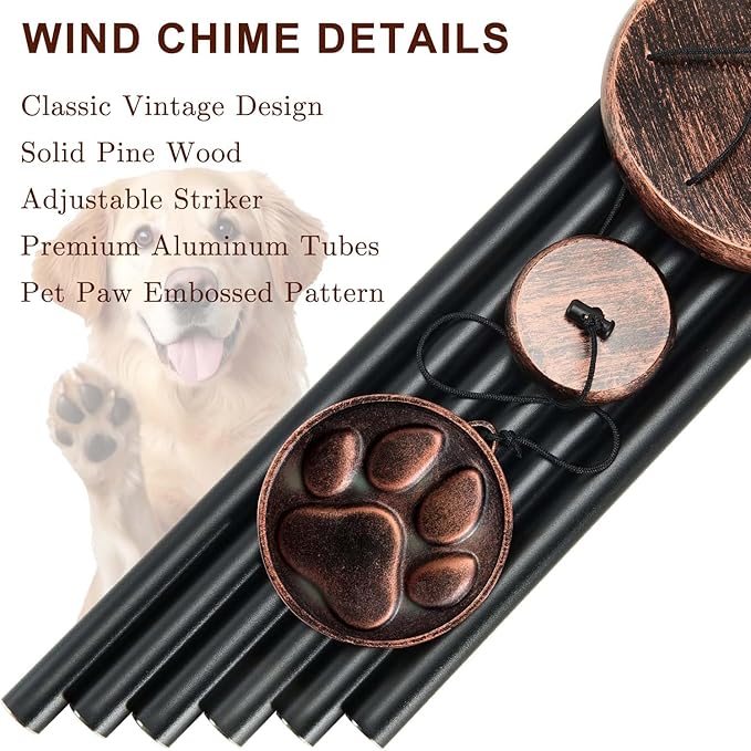 Dog Memorial Gifts for Loss of Dog, 32" Pet Memorial Vintage Wind Chimes with Embossed DogPaw Pendant, Pet Passing Away Sympathy Remembrance Gift