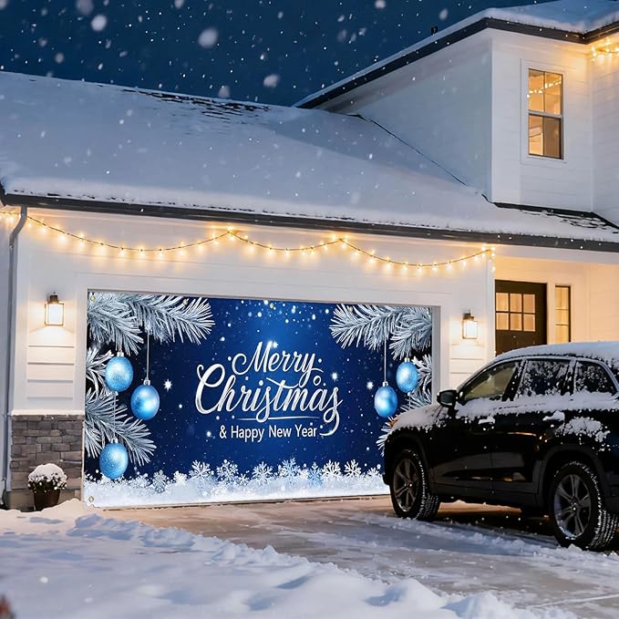 IVN Christmas Garage Door Cover Decoration 13x6ft Blue Night Snowflakes Silver Ornaments Pine Branches Merry Christmas Winter Garage Door Banner Home Door Front Yard Decor for Xmas Eve Holiday Outdoor