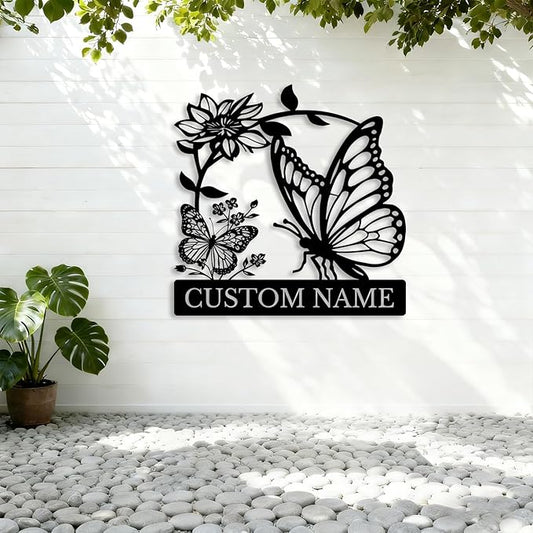 Custom Butterfly Metal Sign,Personalized Butterfly House Number Signs,Personalized Gardener Name Sign,Garden Patio Wall Decor (Style-5)