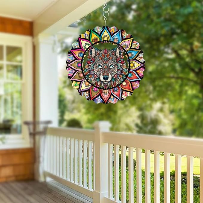 Hanging Wolf Wind Spinner for Outdoor Indoor 3D Stainless Steel Wind Sculptures 10 Inch Cool Animal Metal Wind Spinner for Yard Garden Living Room Zoo Great Gift for Women Friend