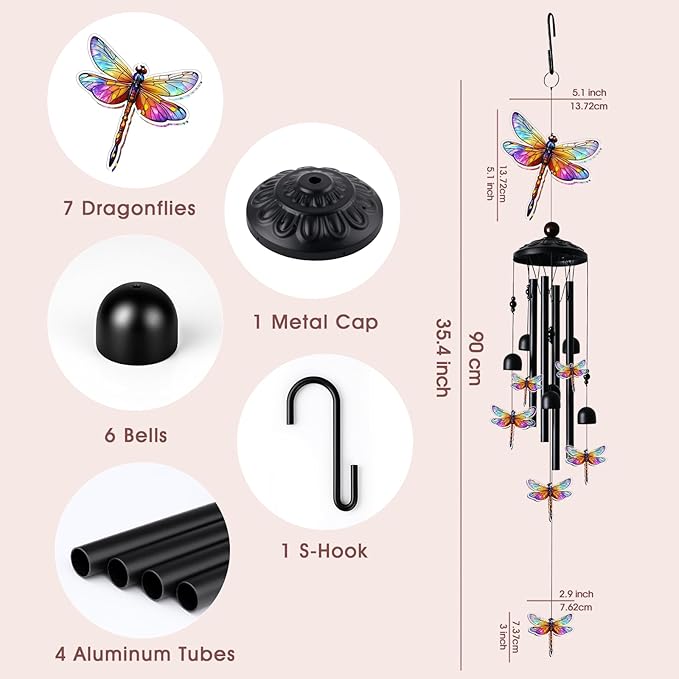 Dragonfly Wind Chimes for Outside, Black Metal Acrylic Windchimes Outdoors, Dragonflies Gifts for Women Men, Garden Yard Decor, Memorial/Birthday Gifts for Grandma Mom, Durable Chimes for Outdoors
