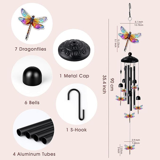 Dragonfly Wind Chimes for Outside, Black Metal Acrylic Windchimes Outdoors, Dragonflies Gifts for Women Men, Garden Yard Decor, Memorial/Birthday Gifts for Grandma Mom, Durable Chimes for Outdoors