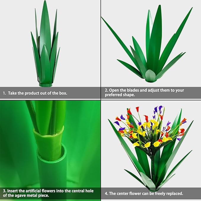 DDQ Metal Agave Plant Outdoor Decor with Artificial Flowers, Mexican Style Garden Sculpture, Waterproof Yard Art for Patio Lawn, Multiple Flower Options (Green Agave + Sunflower/Red/Yellow/Purple)