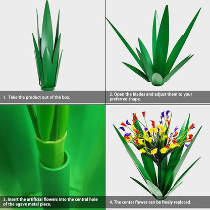 DDQ Metal Agave Plant Outdoor Decor with Artificial Flowers, Mexican Style Garden Sculpture, Waterproof Yard Art for Patio Lawn, Multiple Flower Options (Green Agave + Sunflower/Red/Yellow/Purple)