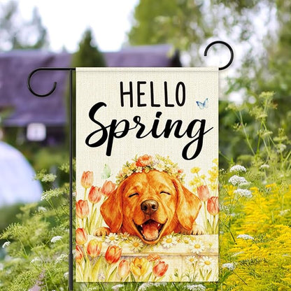 Hello Spring Golden Retriever Dog Garden Flag,Smiling Golden Retriever Spring Garden Flag for Outside Porch Lawn Yard Flags for Outdoor Decorations 12x18 Inch Double Sided