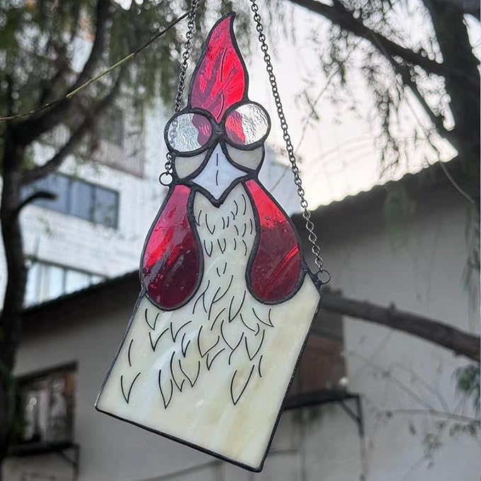 Peeping Rooster Stained Glass Window Hanging, Chicken Gifts for Women Mom Grandma Wife, Chicken Kitchen Decor, Funny Window Corner Hanging Rooster Decor Staring