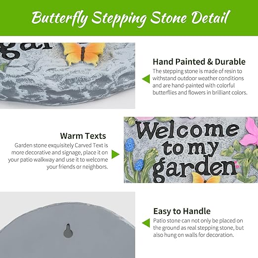Stepping Stone for Garden Decor, Butterfly Flowers Welcome to My Garden Decorative Paving Stones for Patio Landscape Yard Walkway Path Sculpture Art, Outdoor or Indoor Home Decoration (Floral)