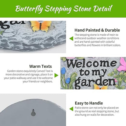 Stepping Stone for Garden Decor, Butterfly Flowers Welcome to My Garden Decorative Paving Stones for Patio Landscape Yard Walkway Path Sculpture Art, Outdoor or Indoor Home Decoration (Floral)