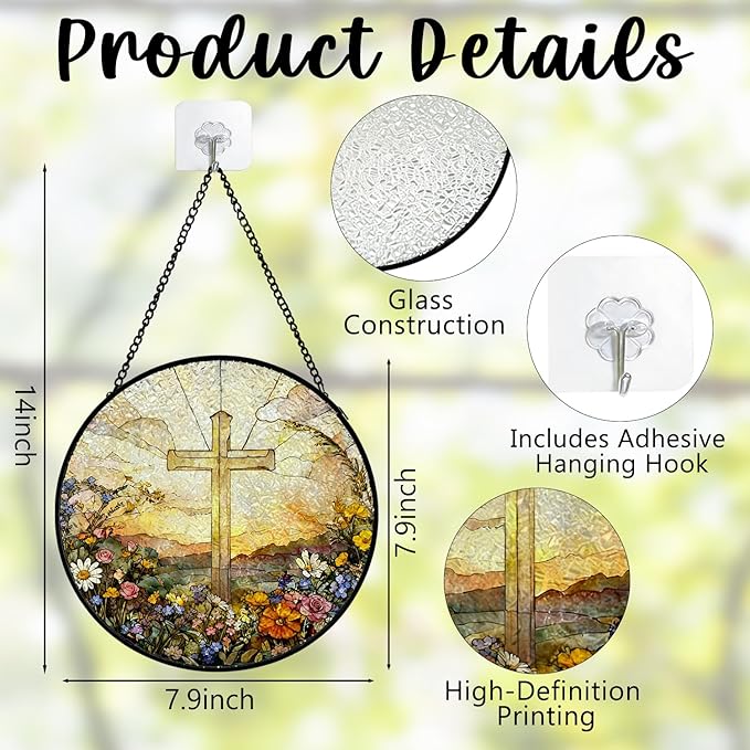 Christian Cross Flower Stained Glass Window Hanging, Wildflower Religious Cross Suncatcher Indoor Window Glass Round Wall Art Decor, 7.9x7.9 Inch