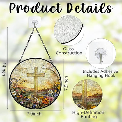 Christian Cross Flower Stained Glass Window Hanging, Wildflower Religious Cross Suncatcher Indoor Window Glass Round Wall Art Decor, 7.9x7.9 Inch