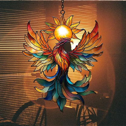 Vivid Phoenix with Sun Mosaic Acrylic Suncatcher Stained Glass Effect Window Car Hanging Christmas Ornament Indoor Outdoor Decor Garden Sun Catcher Panel for Boho Lover for Women Mom Grandma