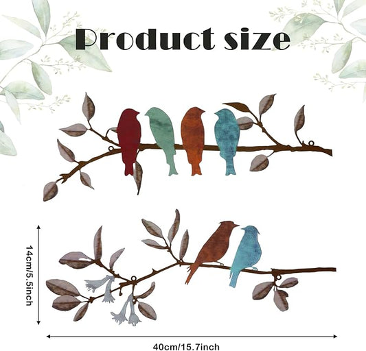 Demissle 2 Pcs Metal Birds Wall Art Decor Vivid Birds on Branch with Leaves Rustic Wall Decor Waterproof Metal Sculpture Hanging Sign for Home Balcony Garden Indoor Outdoor(Colorful)