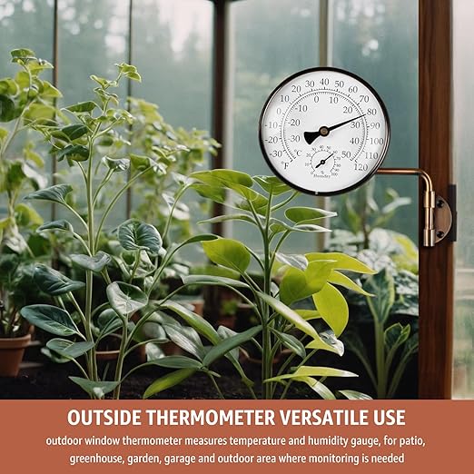 4-Inch Brass Analog Outdoor Thermometer & Humidity Gauge - Easy Install Battery-Free Wall Mount, Window Readable for Patio Garden Garage
