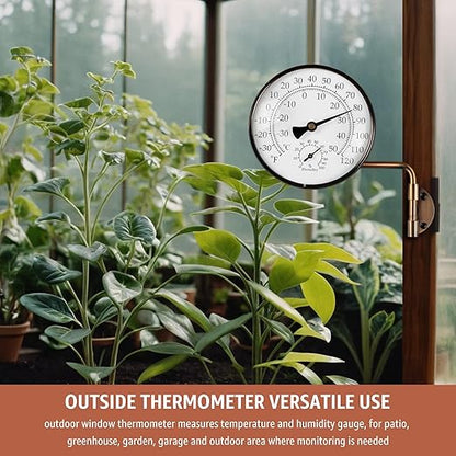 4-Inch Brass Analog Outdoor Thermometer & Humidity Gauge - Easy Install Battery-Free Wall Mount, Window Readable for Patio Garden Garage