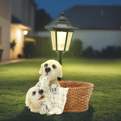 Solar Garden Outdoor Decor Statues Labrador Puppies Playing in Basket with Light,Outside-Outdoor Decorations Sculptures for Patio Yard Lawn Walkway Ornaments Gifts for Mom Grandma Birthday