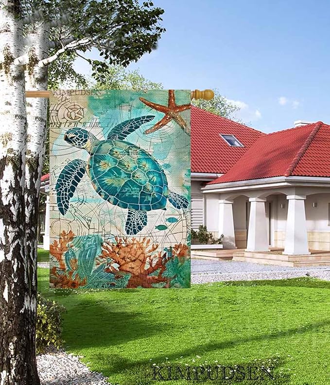 Sea Turtle Summer House Flag 28 x 40 Inch Double Sided, Summer Welcome Tropical Ocean Burlap Yard Flag Holiday Outside Decorations
