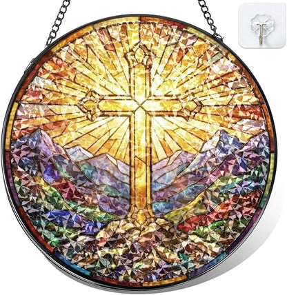 Christian Cross Stained Glass Window Hanging - Mountain Landscape Religious Sun Catcher with Chain, Round Glass Ornament for Home Garden Window Decor Gift, 8 Inch